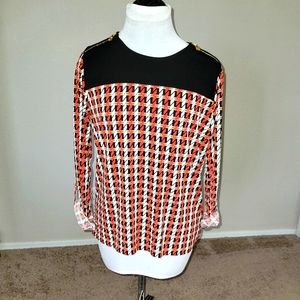 Anne Klein Women's Large Red White checkered Blouse Gold Zipper Detail Large